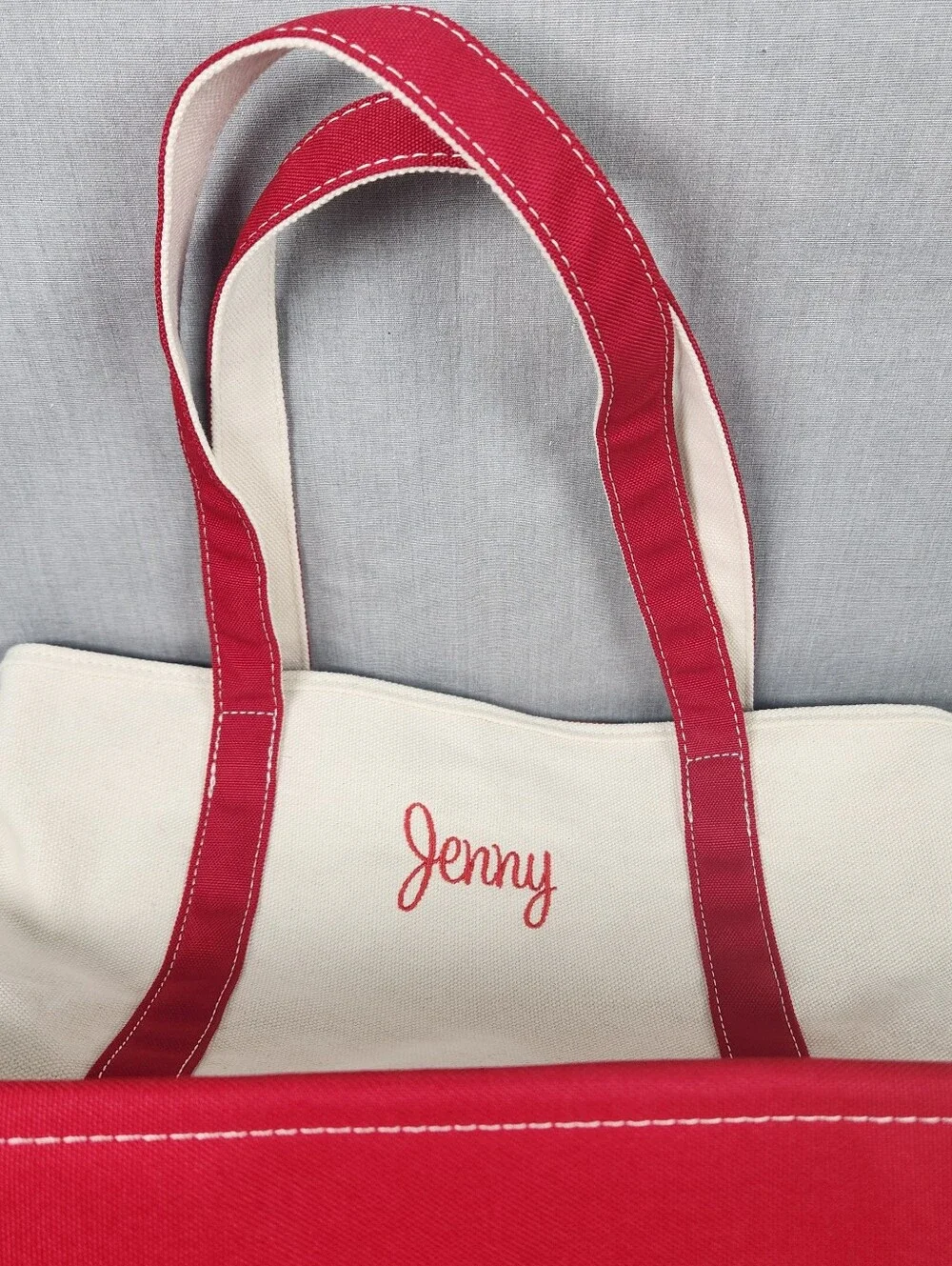 Canvas Tote Bag Embroidered "Jenny" Zipper Closure Vinyl Lining Medium Size Red - Picture 9 of 12